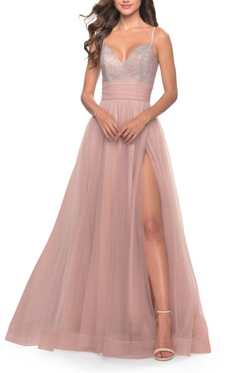La Femme Tulle Gown With Full Skirt And Rhinestone Bodice In Dusty Mauve