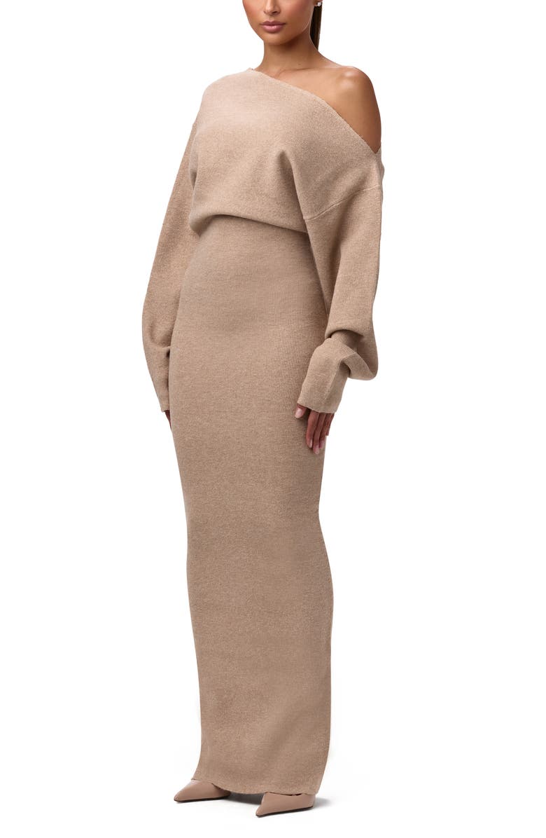 Naked Wardrobe One-Shoulder Long Sleeve Maxi Sweater Dress, Alternate, color, Taupe
