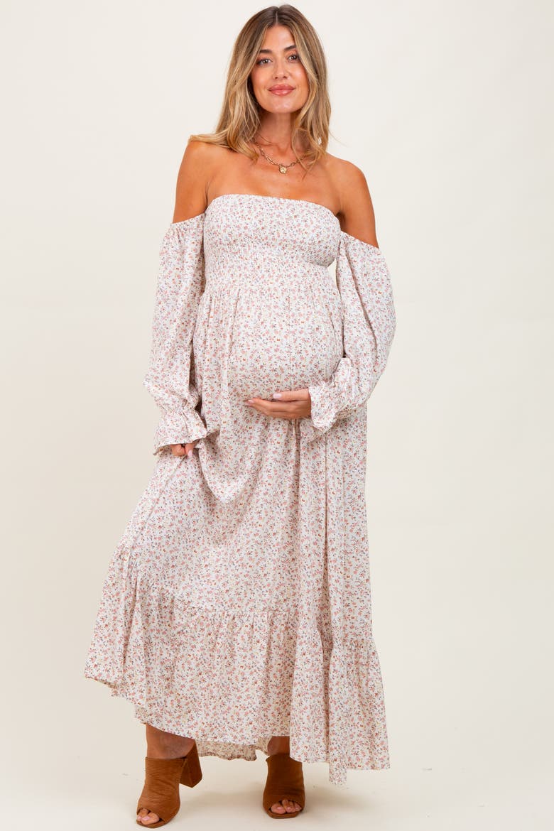 Floral Smocked Off Shoulder Maxi Dress, Main, color, Cream