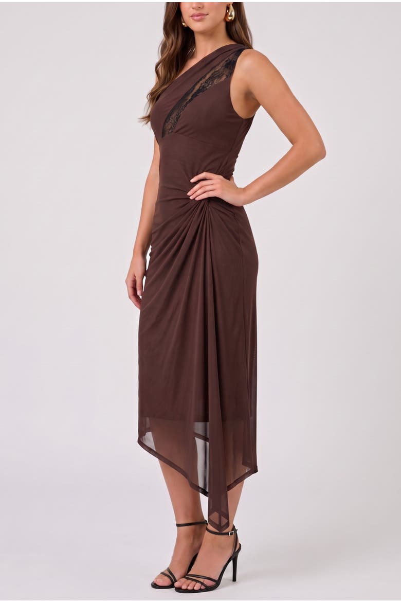 Kaia Lace One-Shoulder Midi Dress, Alternate, color, Rum Raisin
