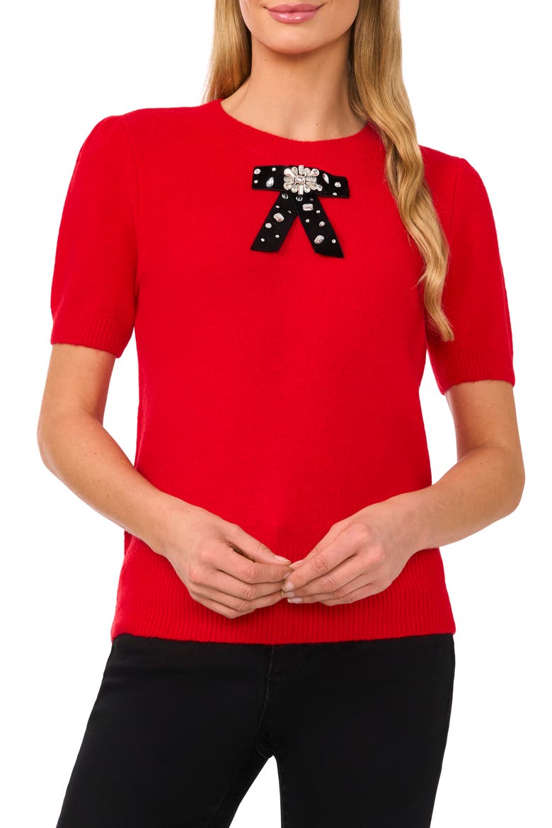 Embellished Velvet Bow Short Sleeve Sweater, Main, color, BRIGHT CHERRY