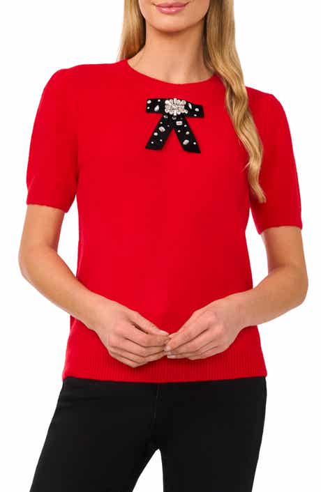 CeCe Embellished Velvet Bow Short Sleeve Sweater