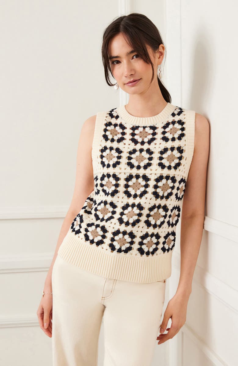 Karen Kane Cotton Crochet Sweater Vest, Alternate, color, Cream Multi