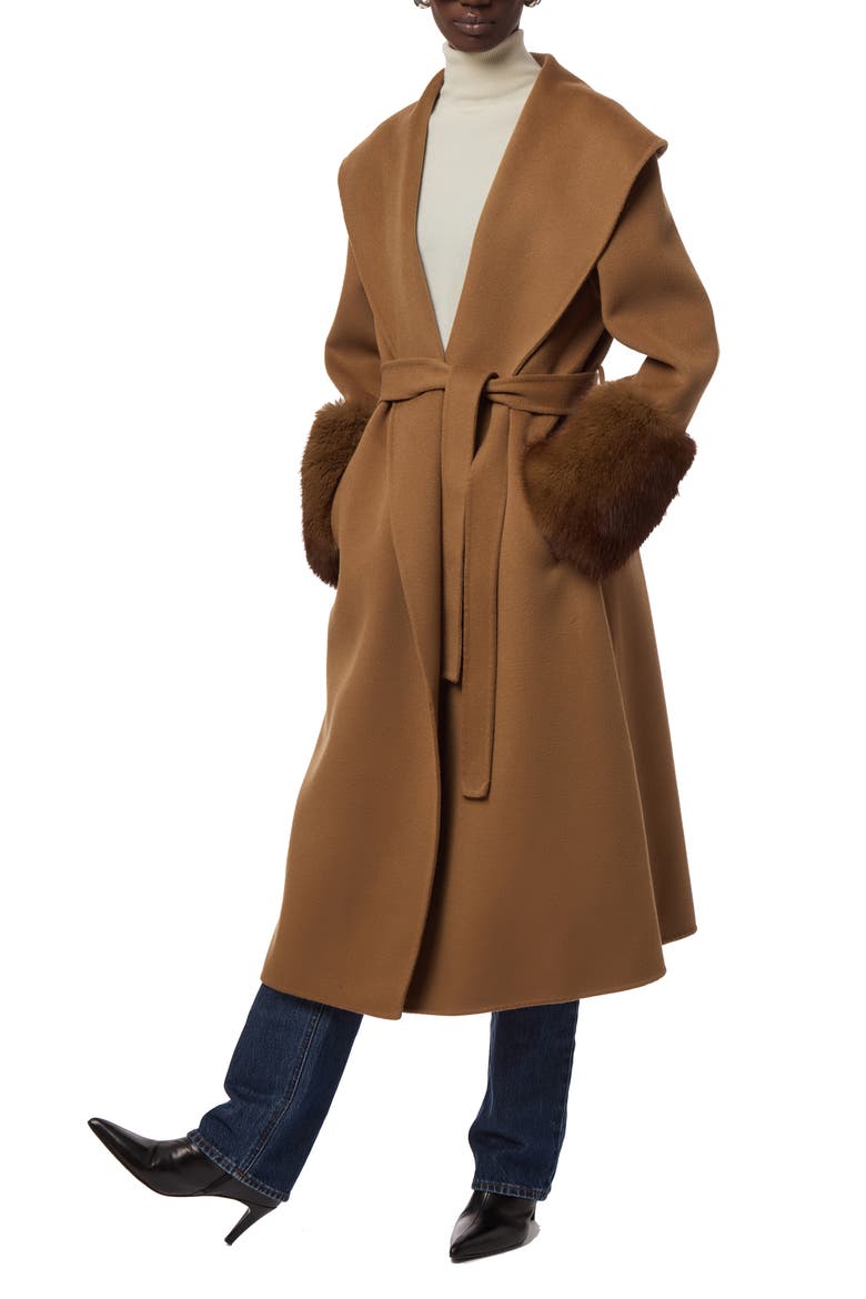 Jill Faux Fur Cuff Wrap Coat, Alternate, color, CAMEL/ MINK