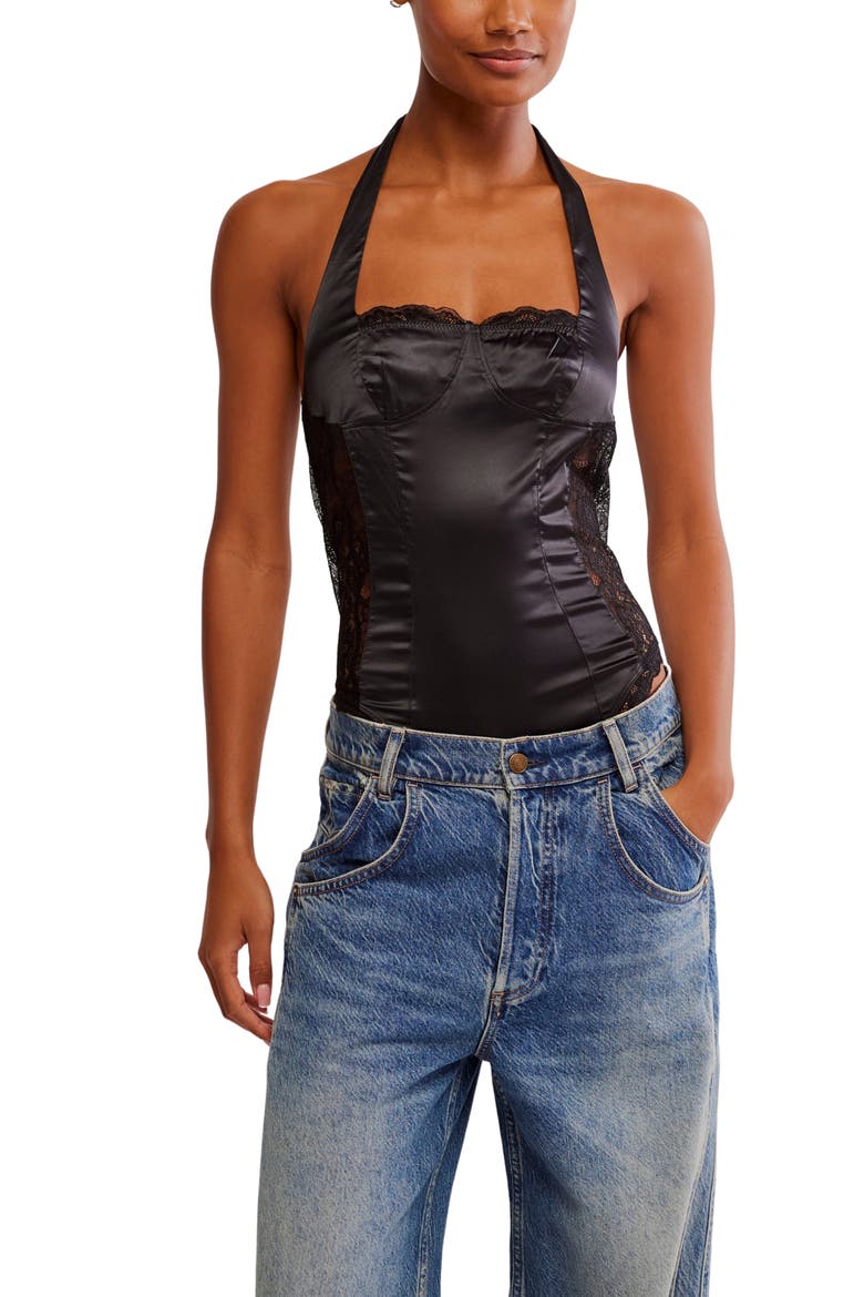 Midnight Muse Lace Inset Satin Bodysuit, Alternate, color, BLACK