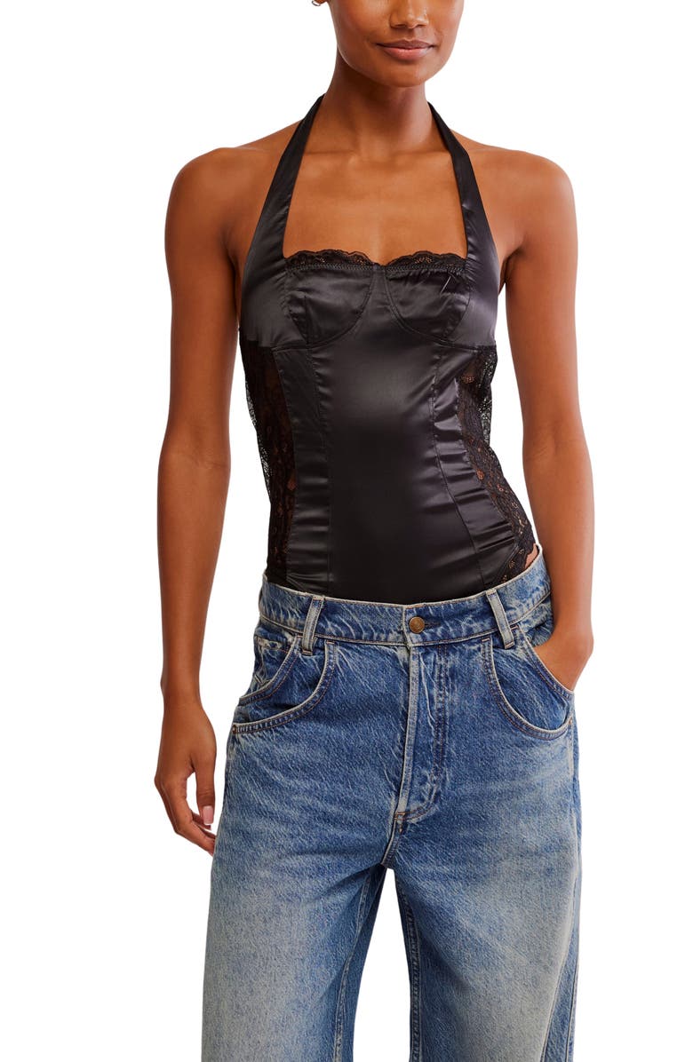 Free People Midnight Muse Lace Inset Satin Bodysuit, Alternate, color, Black