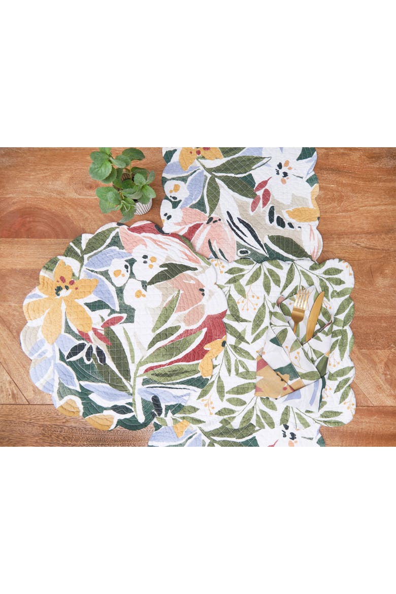 Joelle Cotton Table Runner 14" x 51" - Vibrant Floral & Palm Leaf, Alternate, color, Green