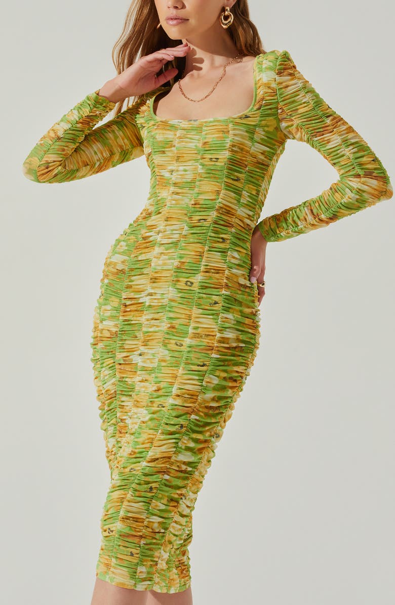ASTR the Label Yelina Floral Long Sleeve Ruched Dress, Alternate, color, Lime Yellow