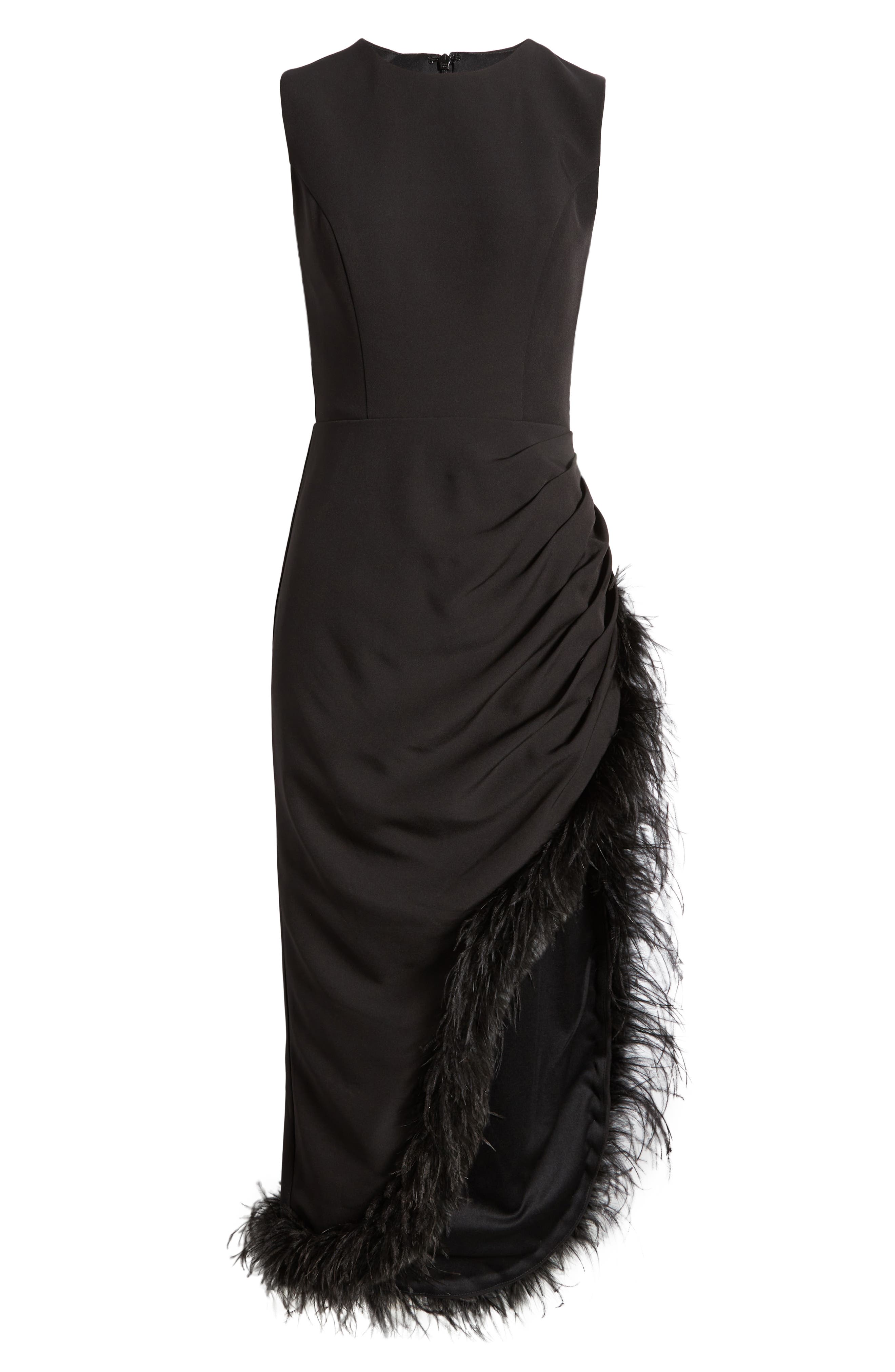 Black Ruched High-Low Sheath Dress with Feather Trim