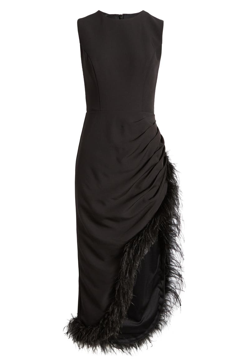 Sleeveless Faux Wrap Dress with Feather Detail, Alternate, color, BLACK
