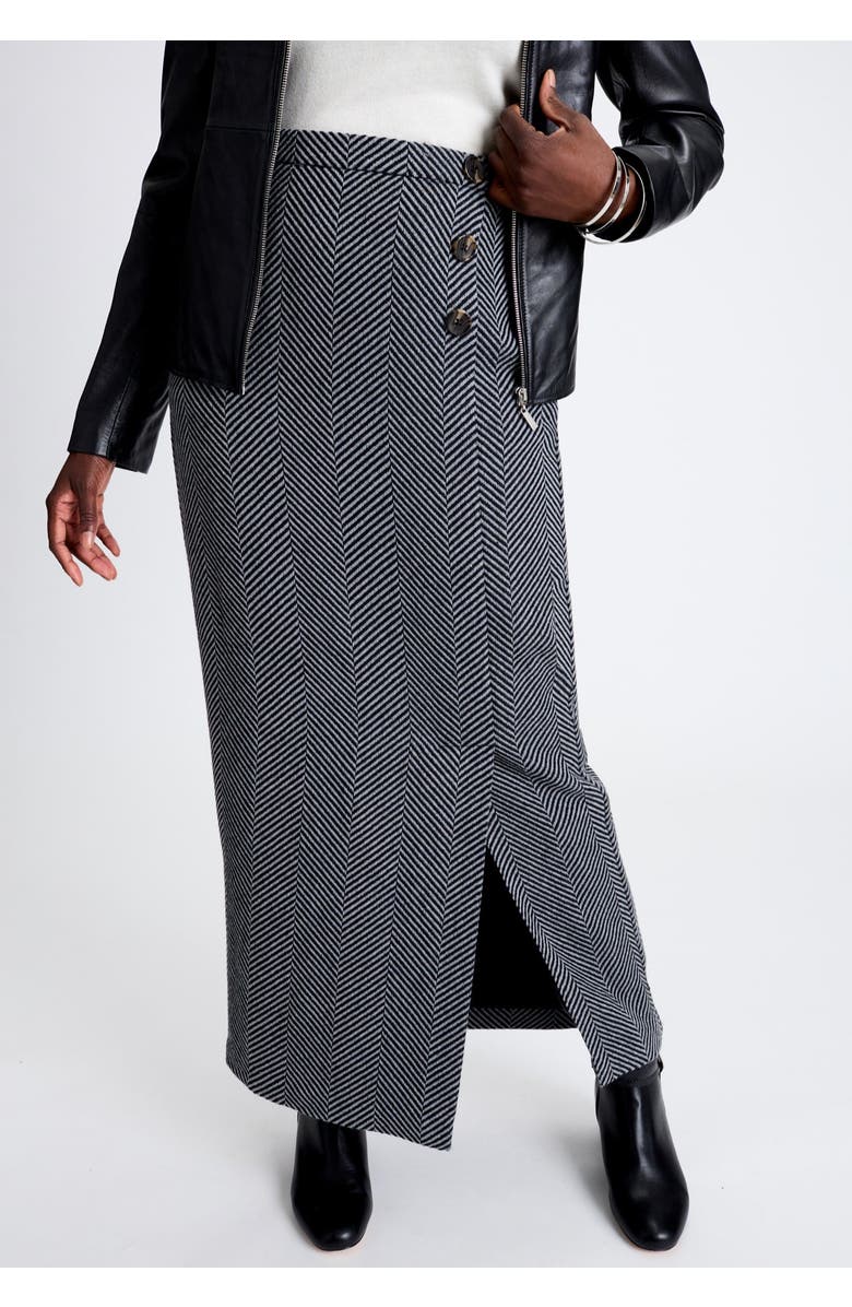 Jessica London Side-Button Wool Skirt, Alternate, color, Grey Herringbone