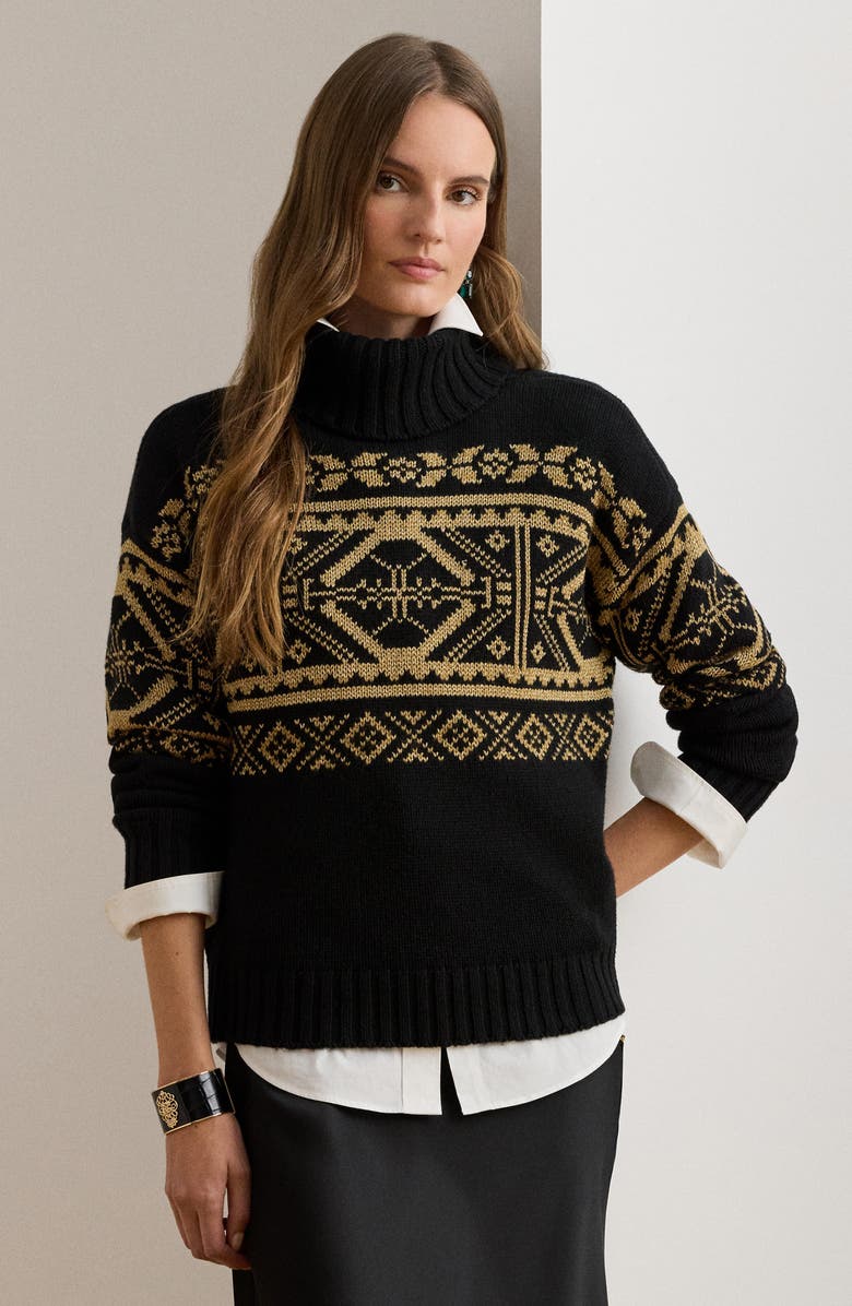Lauren Ralph Lauren Fair Isle Turtleneck Sweater, Alternate, color, Black/ Relic Gold Metallic