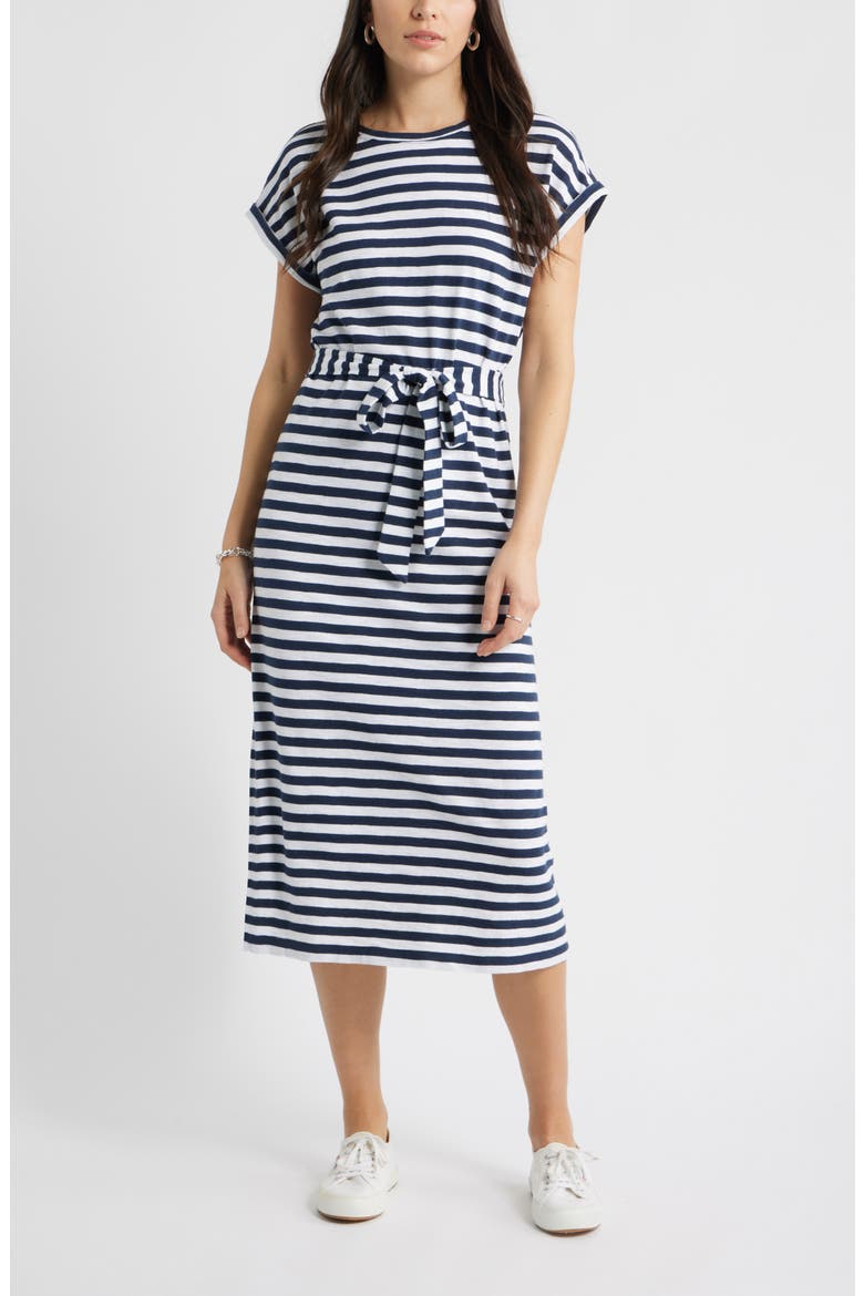 Tie Waist Midi Dress, Main, color, NAVY STILL- WHITE CHARM STRIPE