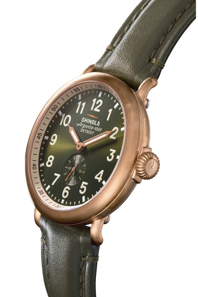 Runwell Sub Second Leather Strap Watch, 43mm, Alternate, color, GREEN