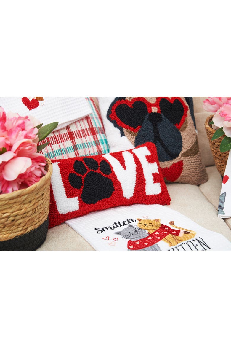 "Pugs & Kisses" Dog Puppy Mini Hooked Valentine's Day Accent Pillow 12" x 12", Alternate, color, White