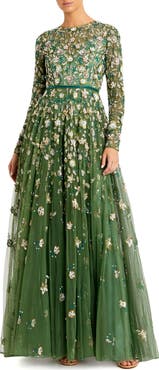 Mac Duggal Petite Embellished High Neck Long Sleeve A-Line Gown