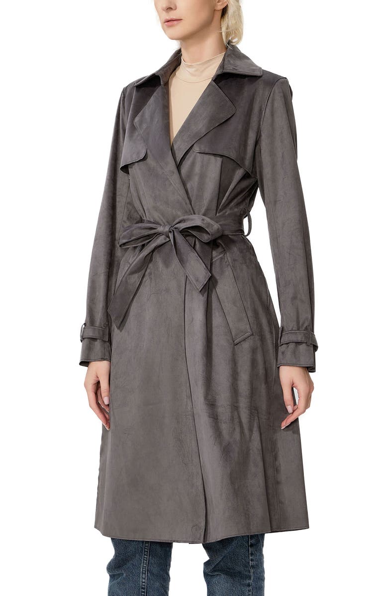 Kimi & Kai Women's Aria Long Faux Suede Trench Coat, Alternate, color, Dark Gray