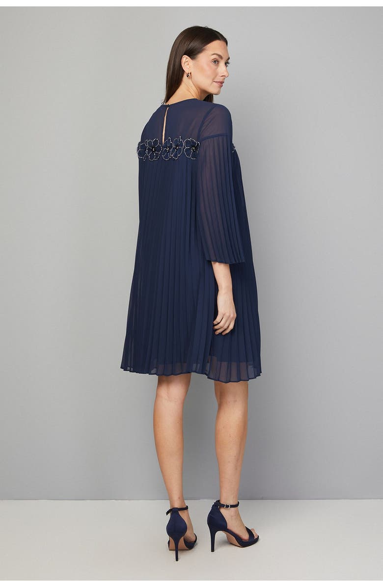 Wallis Pleated Floral Trim Shift Dress, Alternate, color, Navy