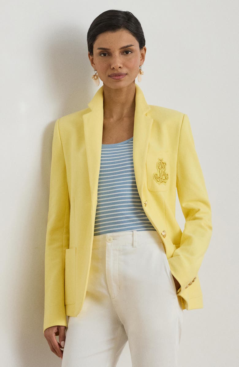 Lauren Ralph Lauren Logo Patch Slim Fit Stretch Cotton Blazer, Alternate, color, Lemon Sorbet Yellow