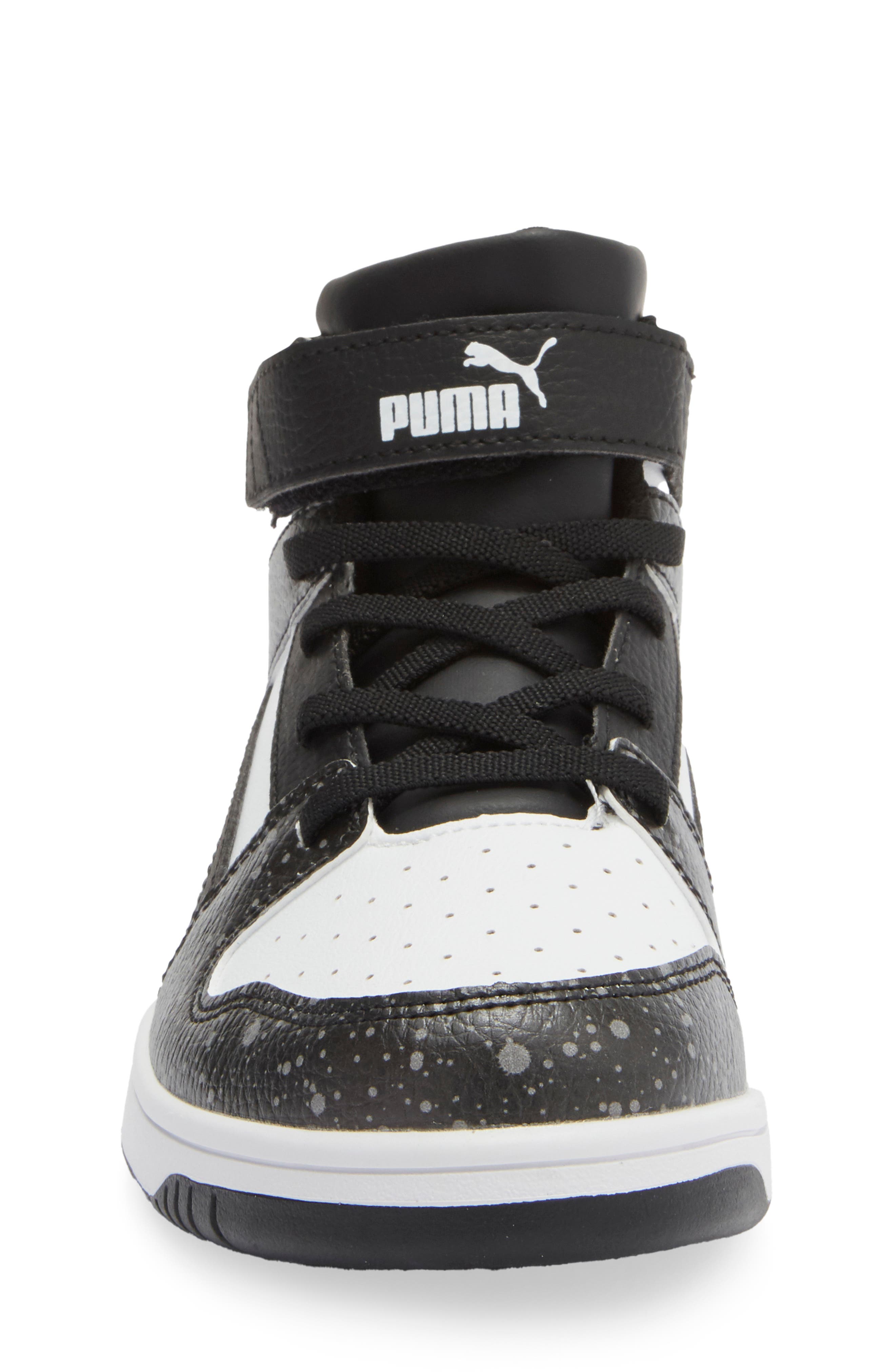 PUMA Kids' Rebound Layup Splatter High Top Sneaker, Alternate, color, Puma Black/ Puma White/ Gray