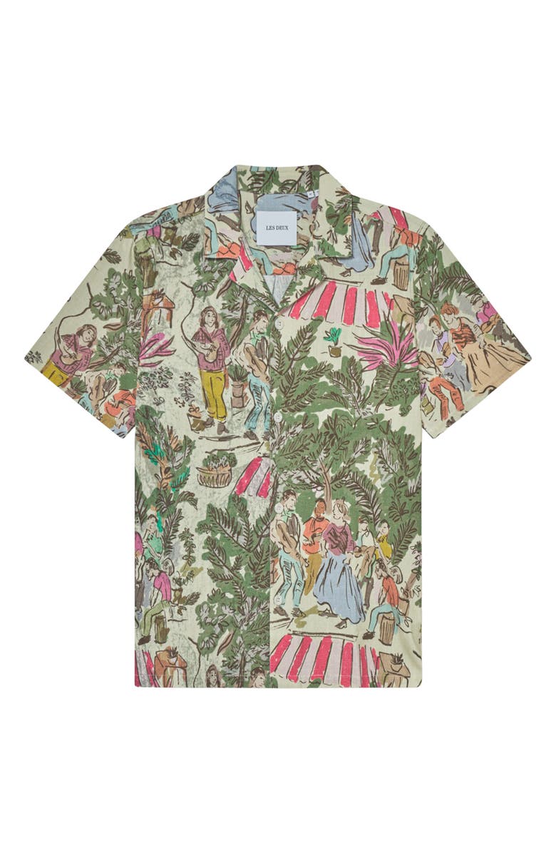 Les Deux Lukas Dancing Print Cotton Camp Shirt, Alternate, color, Oil Green