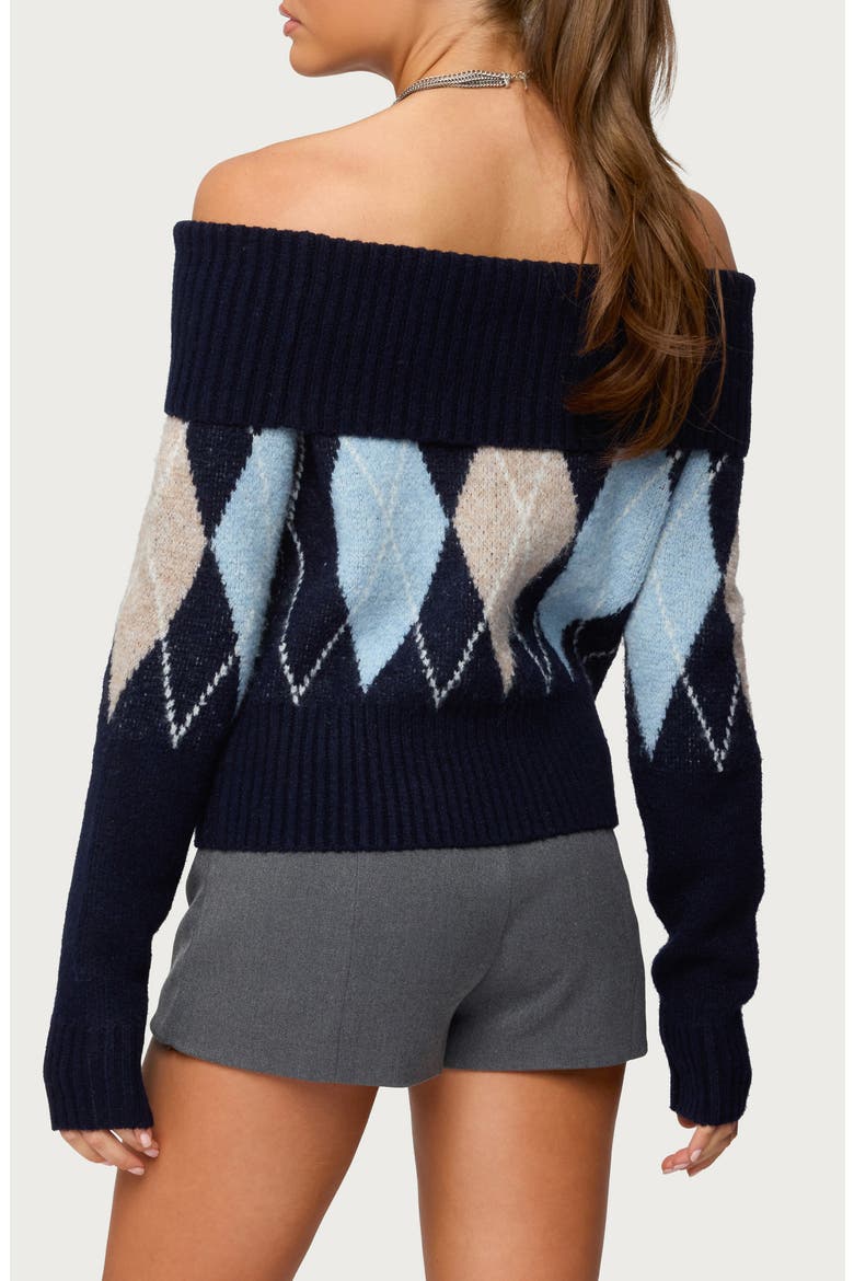 Jakarie Argyle Off the Shoulder Sweater, Alternate, color, NAVY