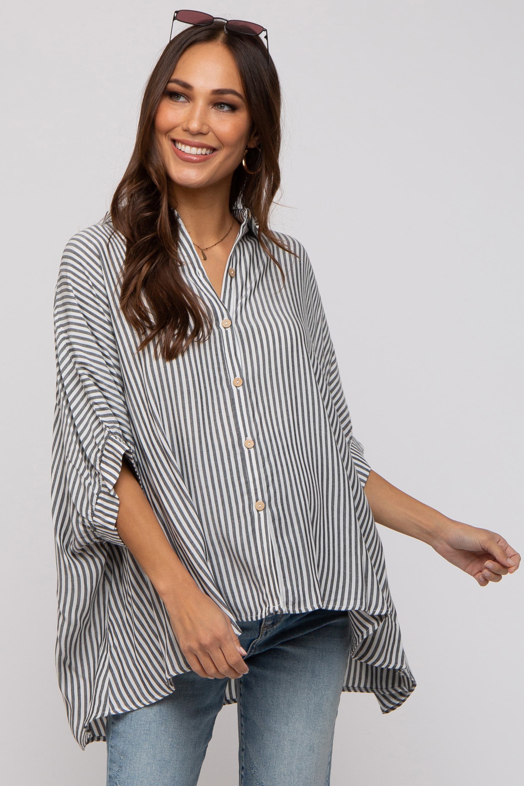 Striped Button Up Dolman Top