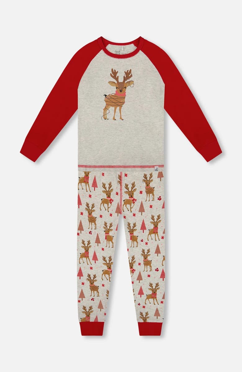 Deux par Deux Organic Cotton Two-Piece Pajamas Girly Reindeer, Main, color, Beige