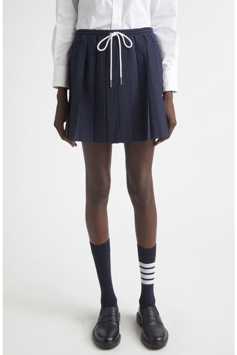 Pleated Wool Seersucker Miniskirt, Main, color, NAVY