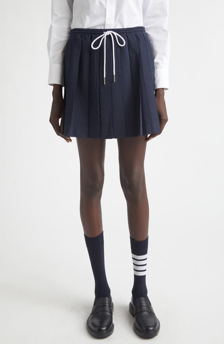 Thom Browne Pleated Wool Seersucker Miniskirt, Main, color, Navy
