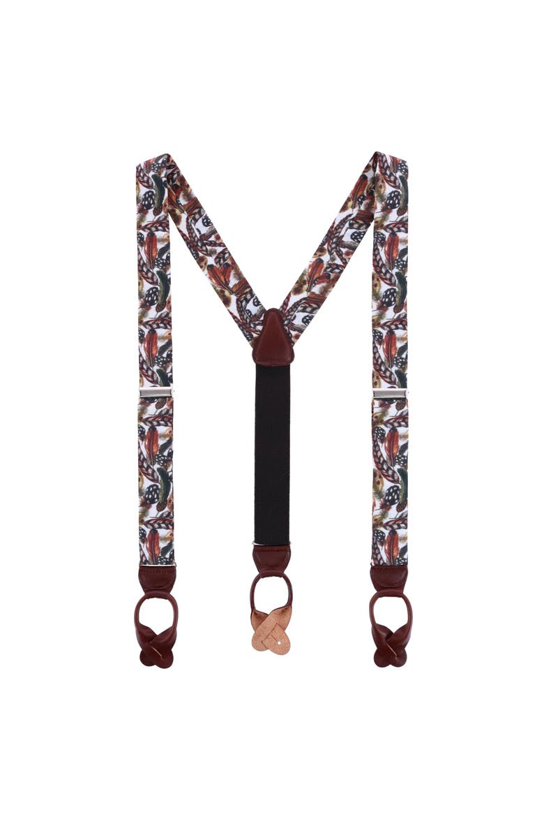 Birds of a Feather Linen Button End Suspenders, Alternate, color, Brown