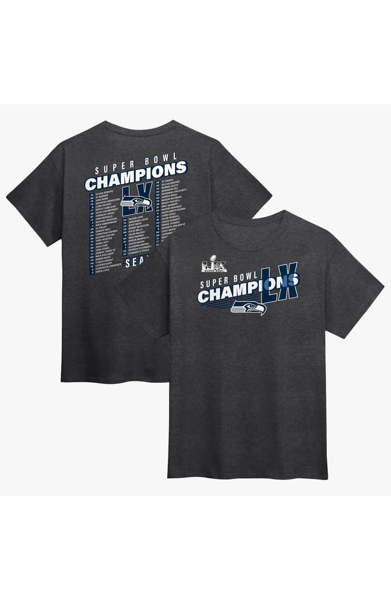 FANATICS Men's Fanatics Heather Charcoal Seattle Seahawks Super Bowl LX Champions Best Teammates Roster T-Shirt, Main, color, Heather Charcoal