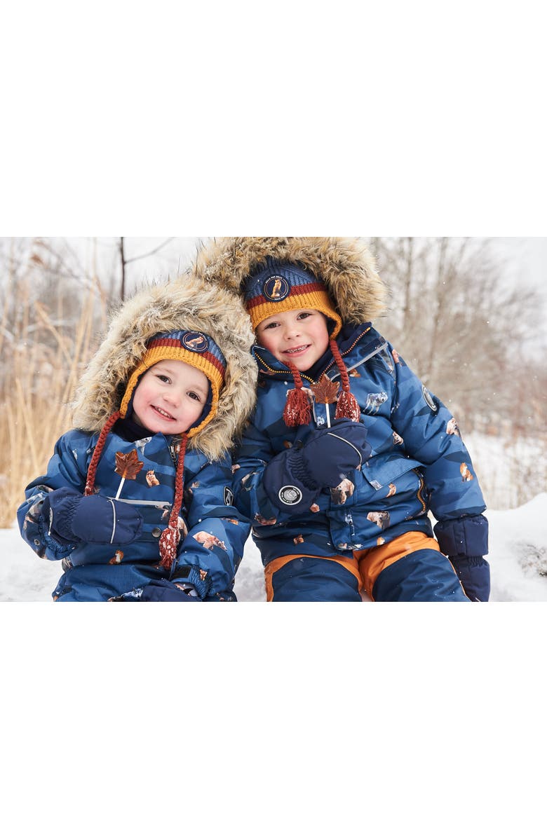 Deux par Deux Baby Boy's One Piece Baby Snowsuit Navy Printed Mountains Animals Designed For Car Seat, Alternate, color,