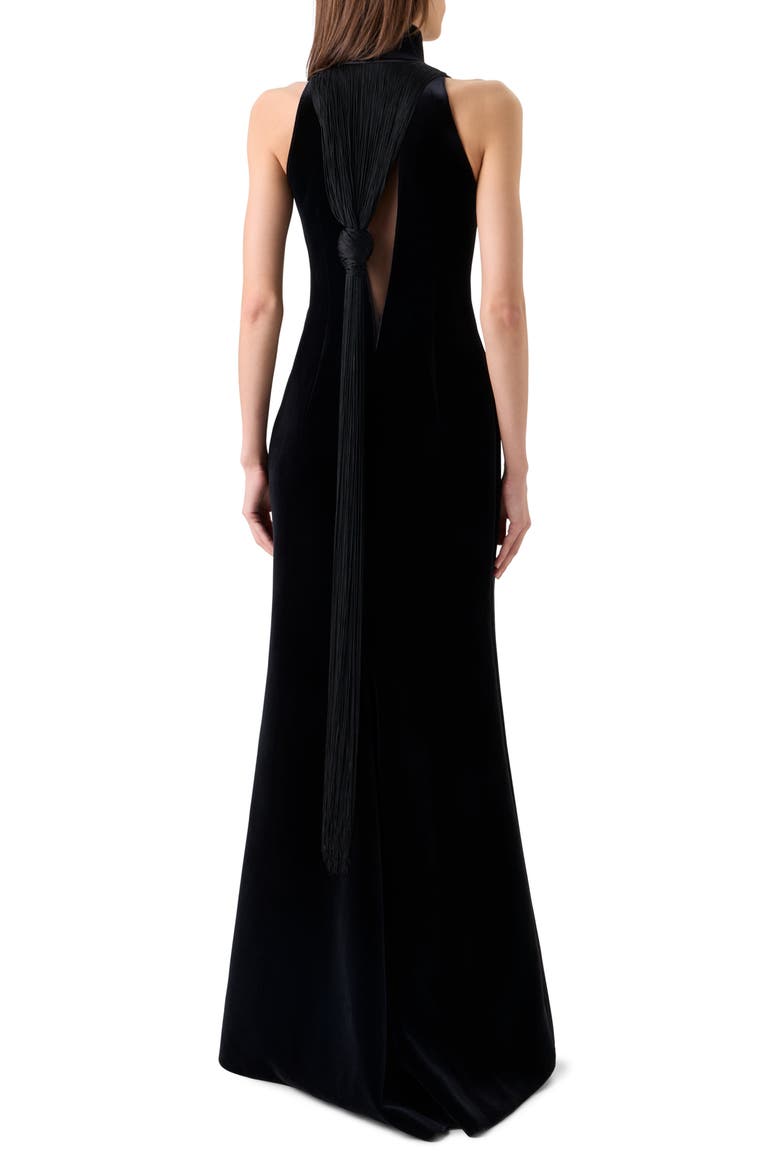 Fringe Back Velvet Scuba Knit Trumpet Gown, Alternate, color, BLACK