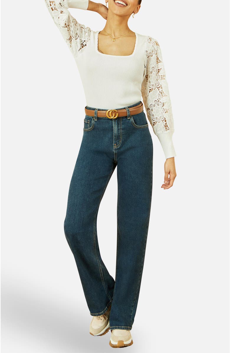 Yumi Ribbed Knitted Lace Sleeve Top, Alternate, color, White