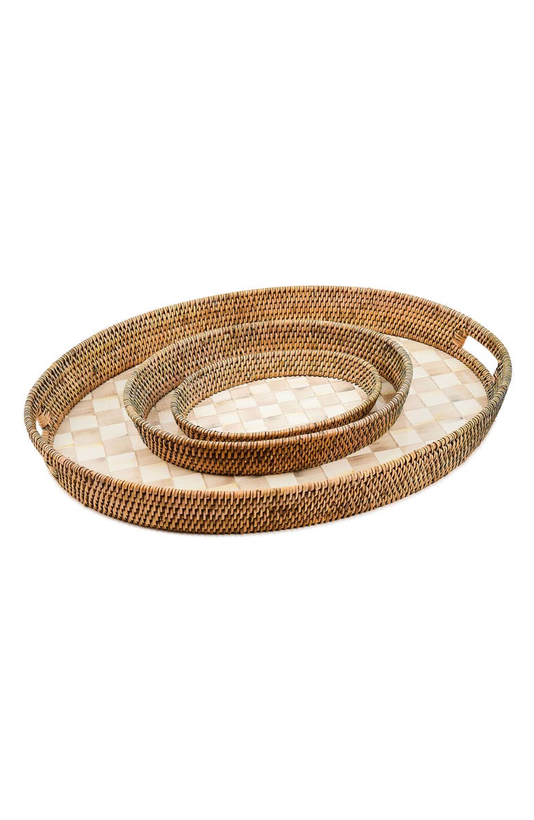 MACKENZIE CHILDS Mocha Check Enamel & Rattan Small Tray, Alternate, color, Mocha