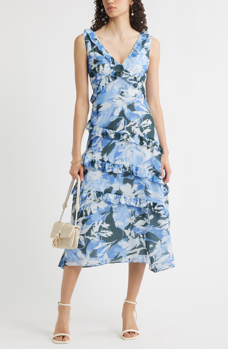 Chelsea28 Tiered Ruffle Chiffon Midi Dress, Main, color, Green- Blue Lana Abstract
