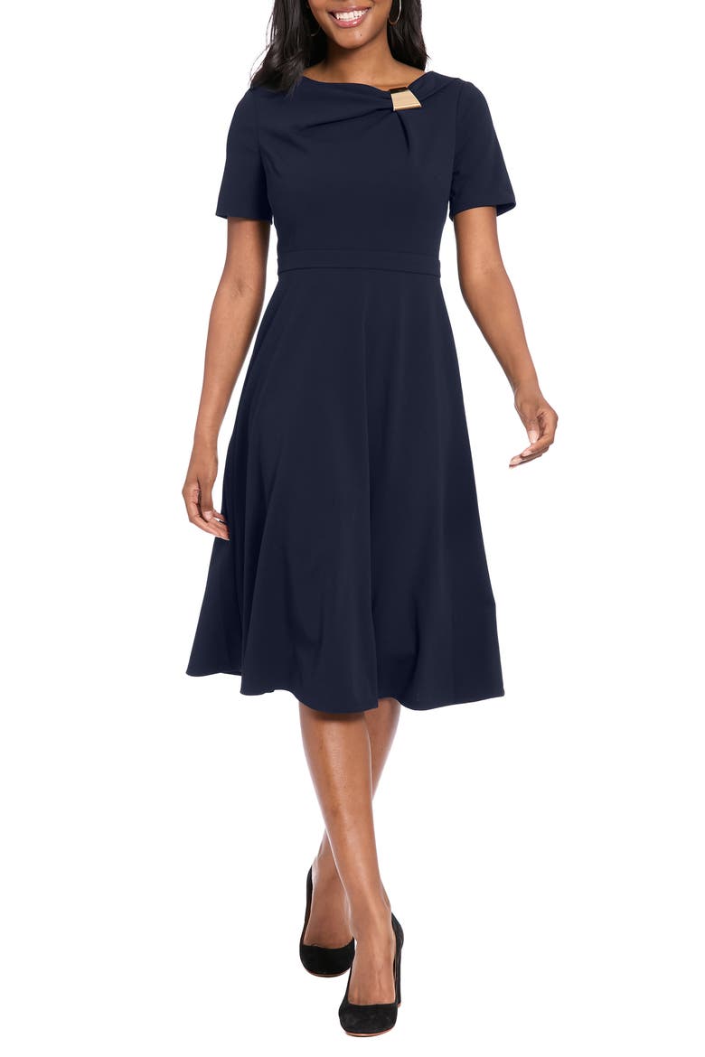 Hardware Detail Short Sleeve Fit & Flare Midi Dress, Main, color, NAVY BLAZER