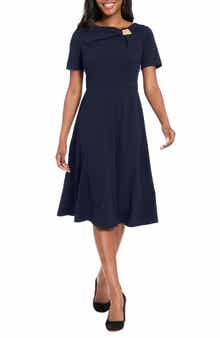 London Times Hardware Detail Short Sleeve Fit & Flare Midi Dress