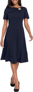 London Times Hardware Detail Short Sleeve Fit & Flare Midi Dress
