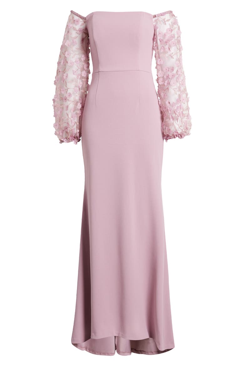 Off the Shoulder 3D Floral Sleeve Scuba Crepe Evening Dress, Alternate, color, MAUVE