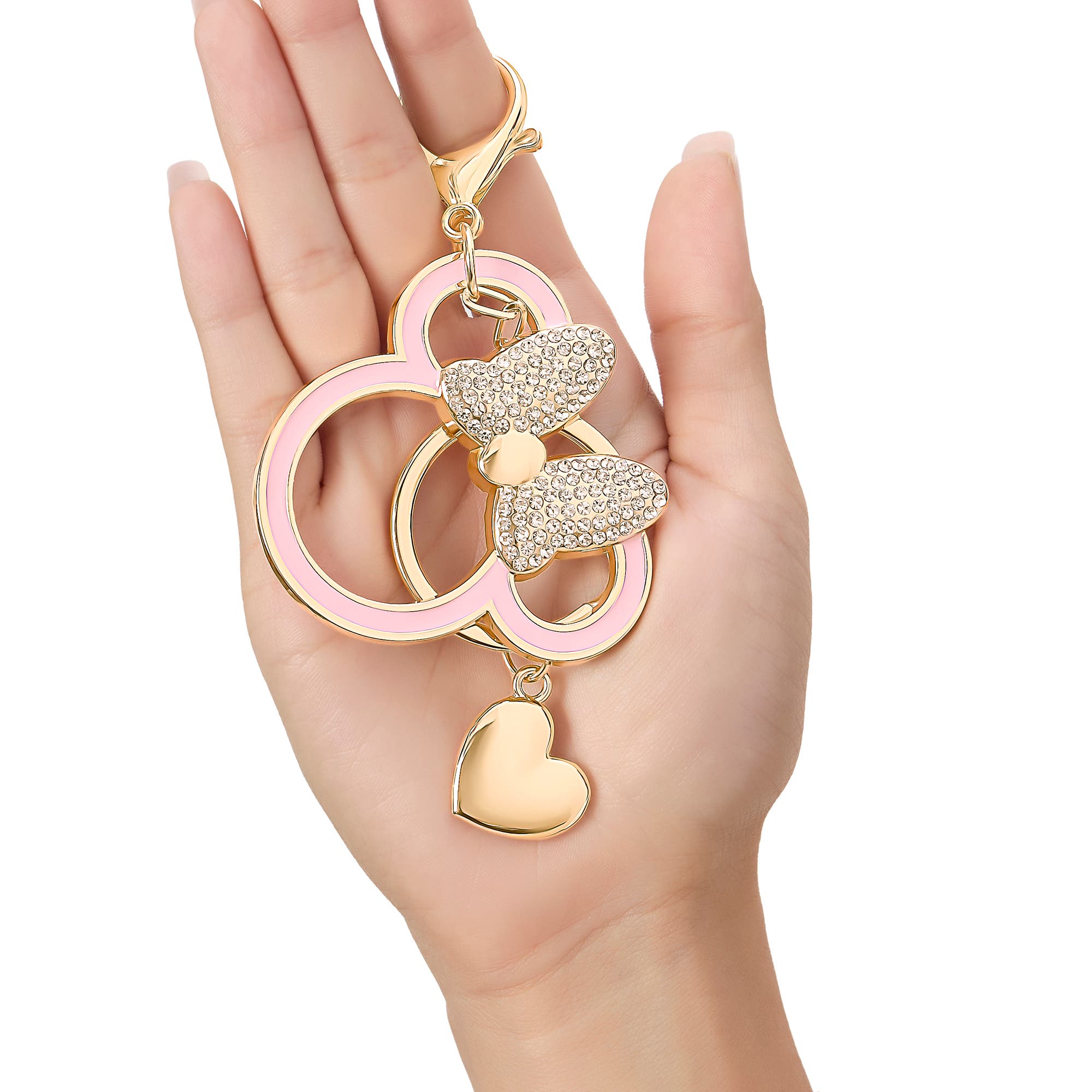 Disney Minnie Mouse Outline Keychain with Crystal Bow and Heart Charm, Alternate, color, Metallic Gold, Pink