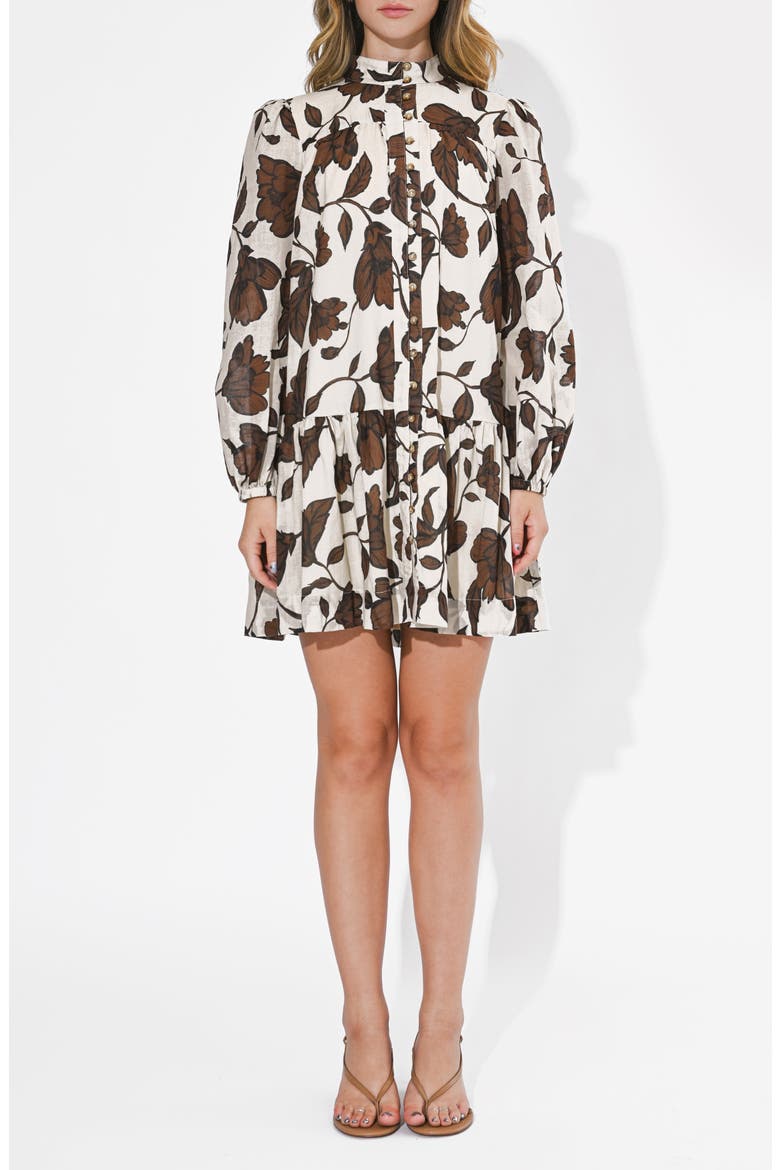 Sharon Floral Print Long Sleeve Minidress, Main, color, BROWN