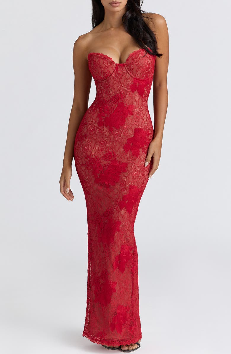 HOUSE OF CB Lucienne Lace Corset Strapless Gown & Bolero, Alternate, color, Red