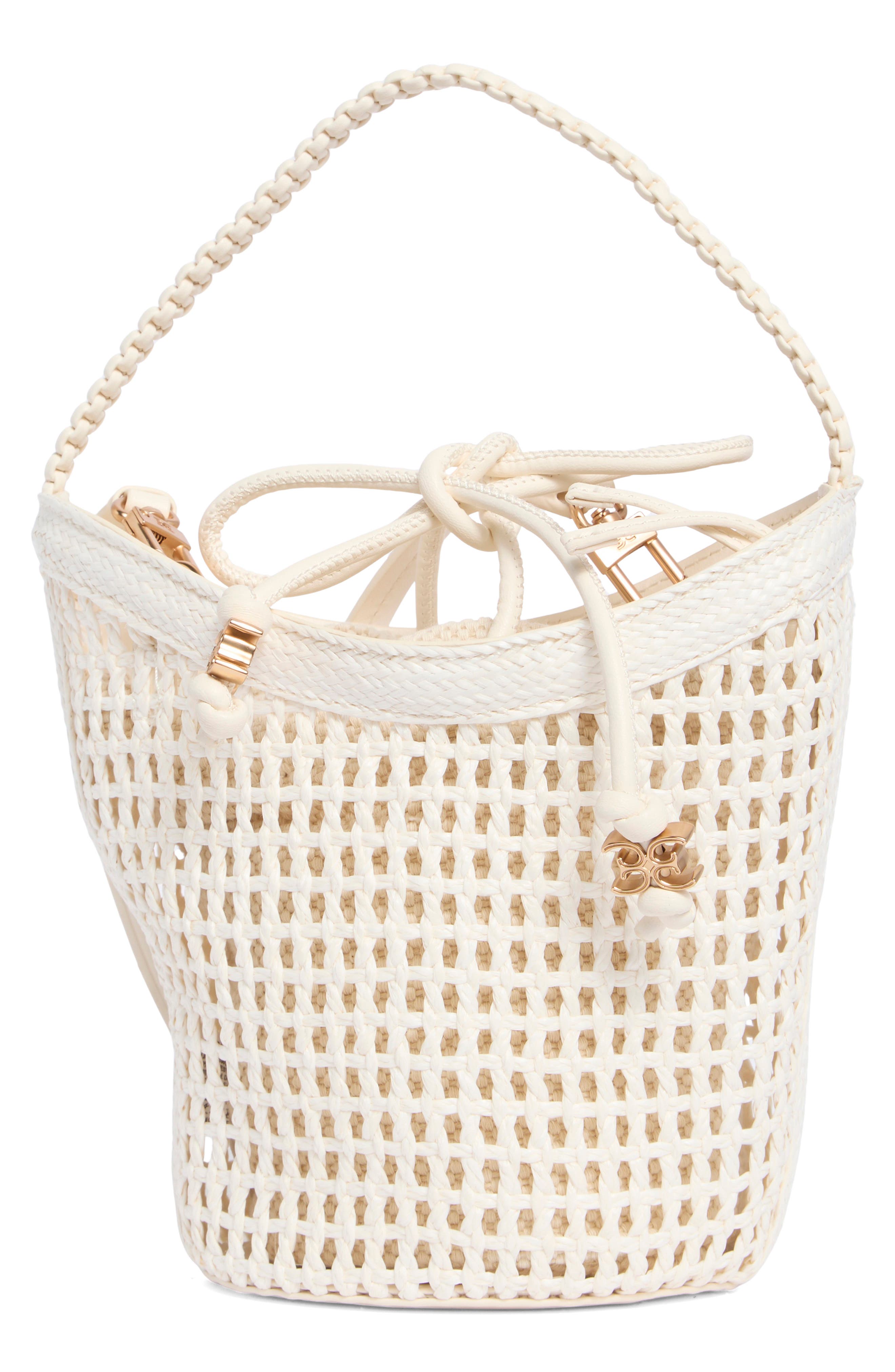 Sam Edelman Marcie Open Weave Small Bucket Crossbody Bag, Main, color, Ivory