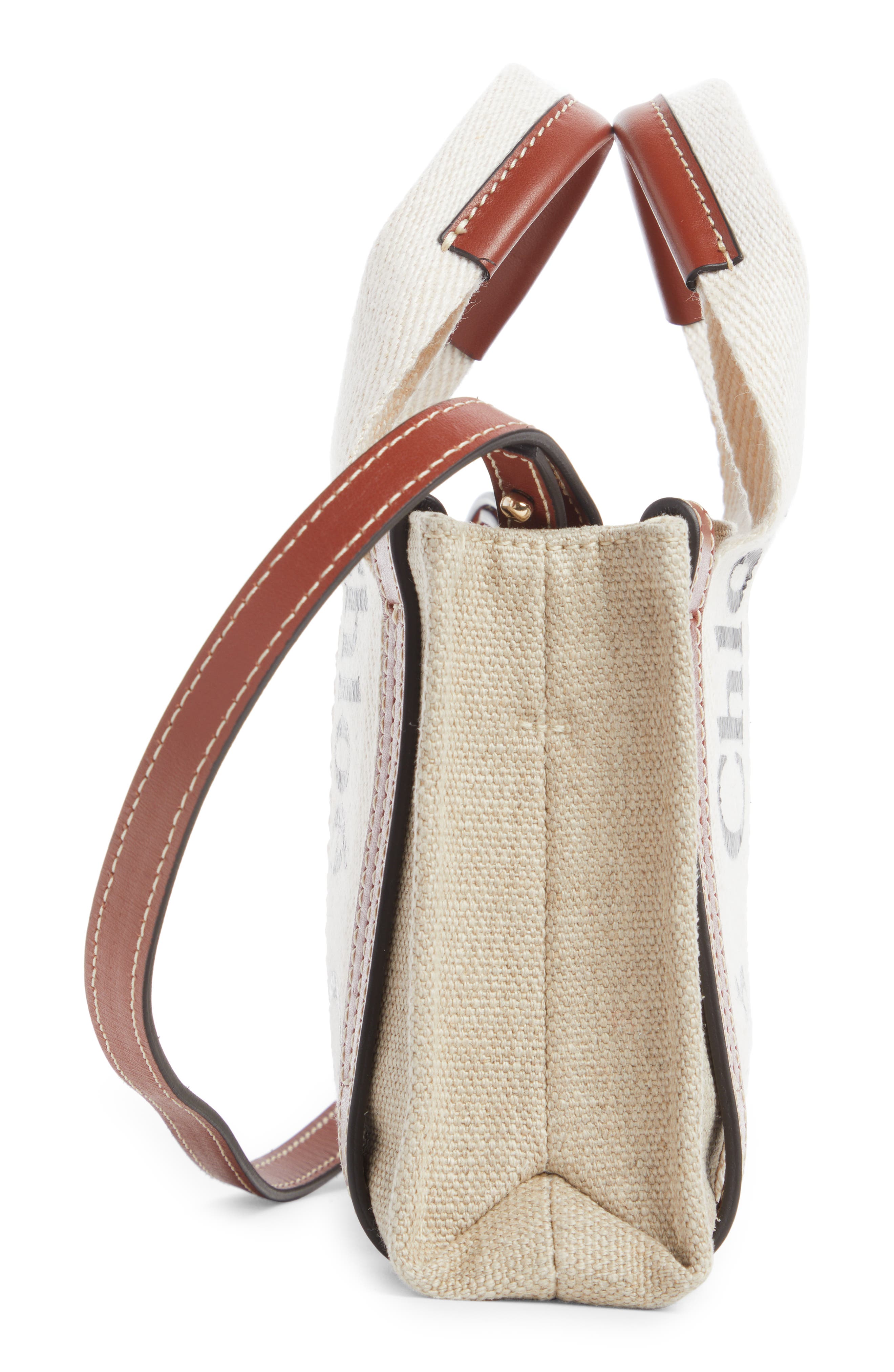 Chloé Small Woody Logo Strap Linen Tote, Alternate, color, White - Brown
