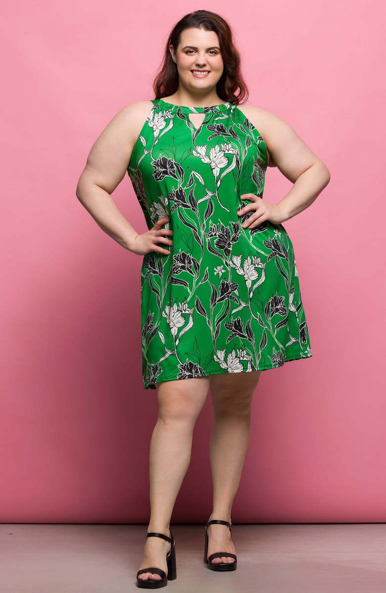 24seven Comfort Apparel Print Sleeveless Keyhole Cutout Dress, Alternate, color, Green Multi