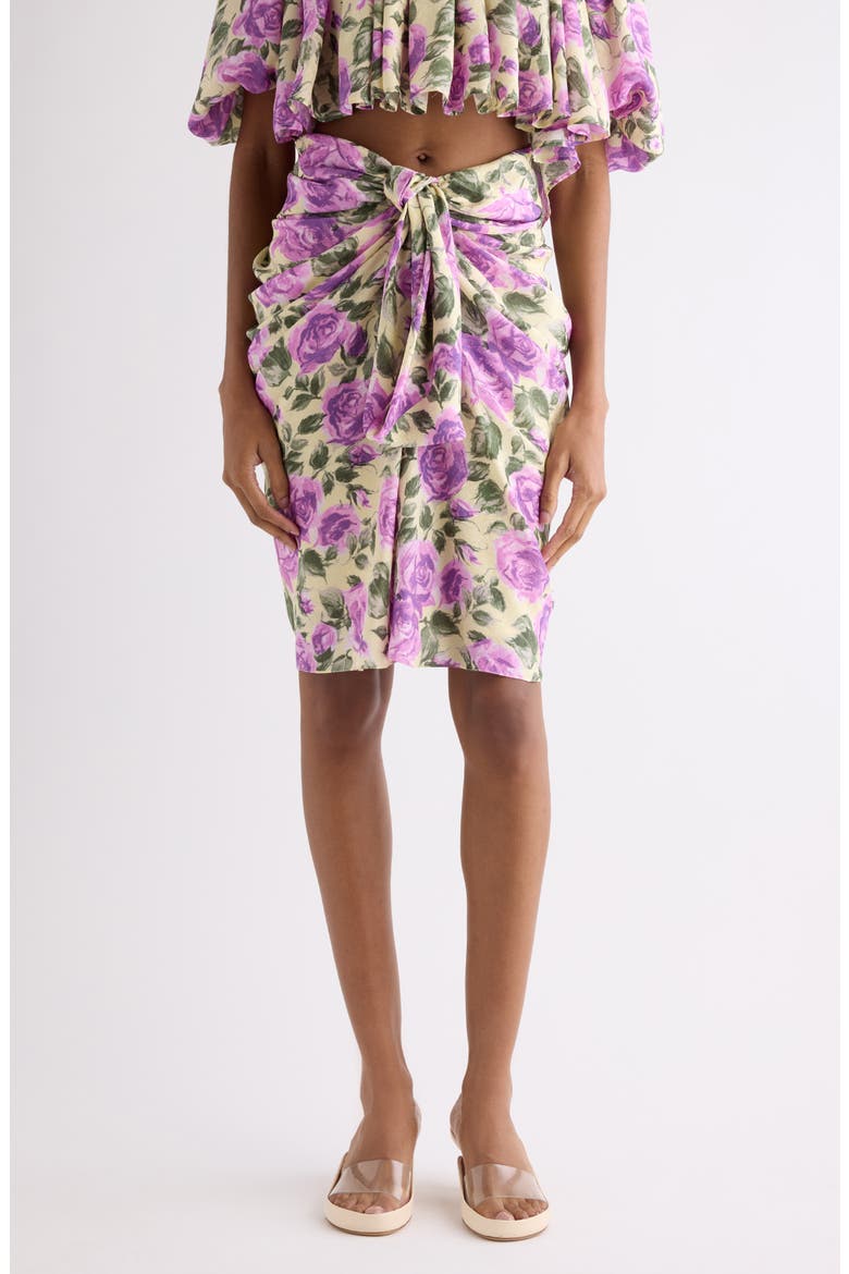 Rose Print Gathered Silk Satin Skirt, Main, color, YELLOW - PURPLE
