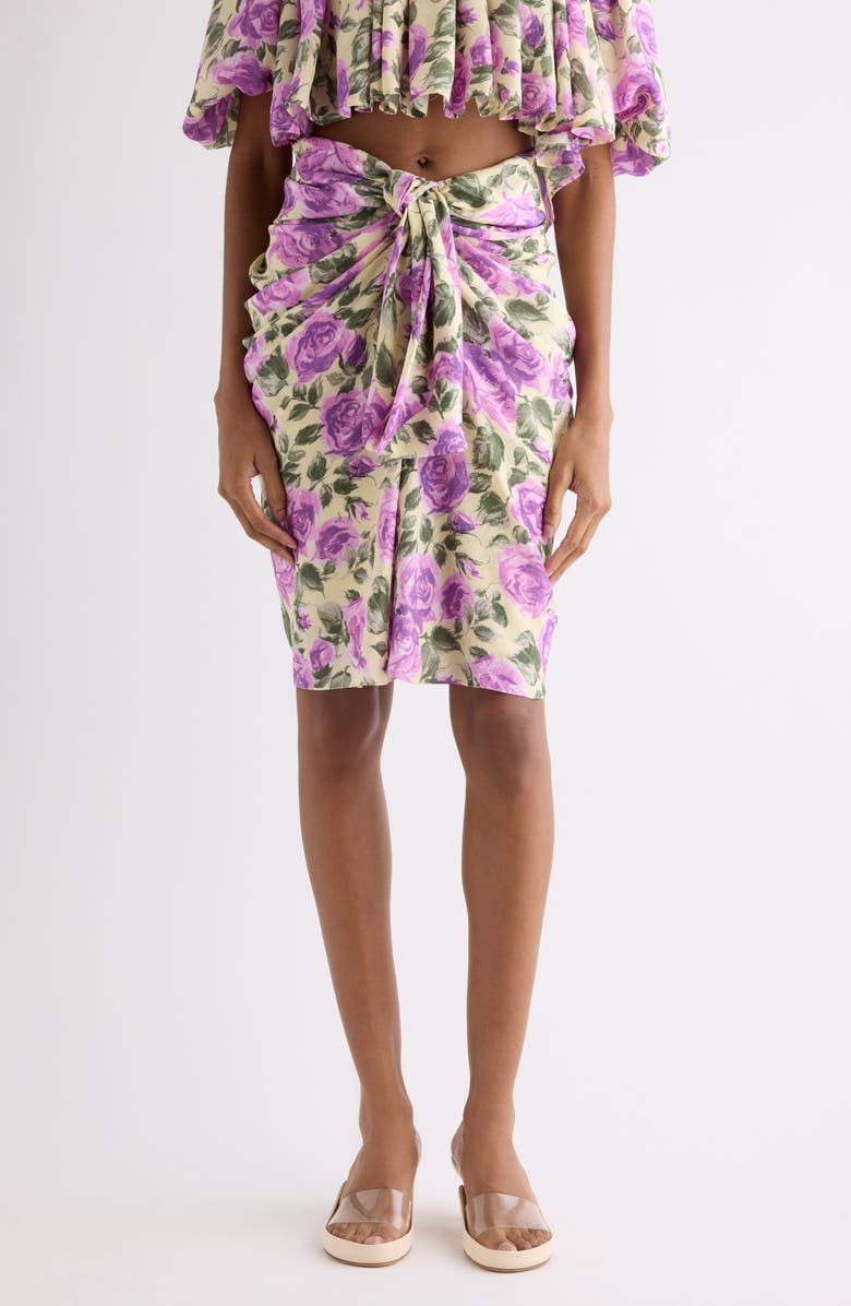 Chloé Rose Print Gathered Silk Satin Skirt, Main, color, Yellow - Purple