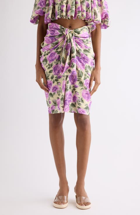 Rose Print Gathered Silk Satin Skirt